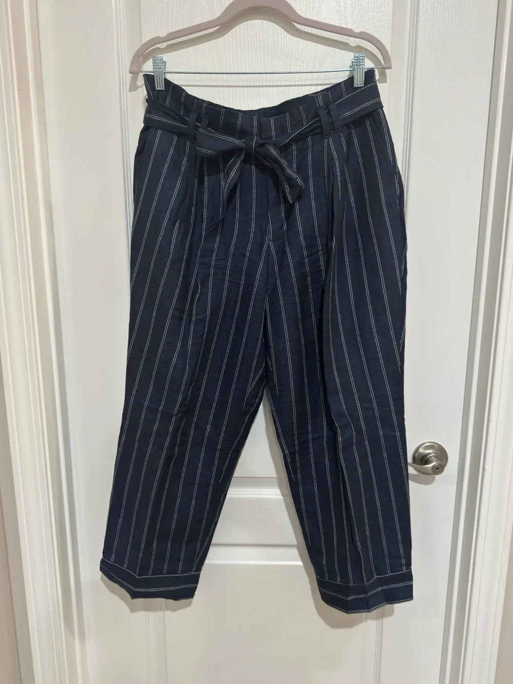 Banana Republic Navy & White Pinstripe Tie-Waist Chinos